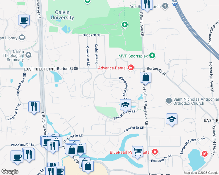 map of restaurants, bars, coffee shops, grocery stores, and more near 1800-2594 Whispering Way Drive Southeast in Grand Rapids