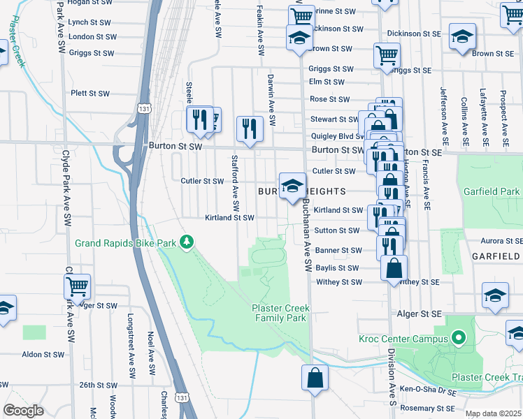 map of restaurants, bars, coffee shops, grocery stores, and more near 2120 Palace Avenue Southwest in Grand Rapids