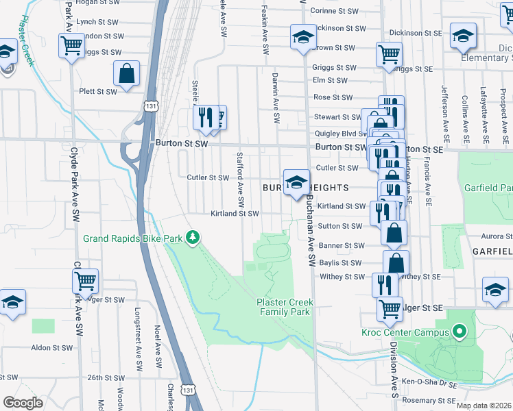 map of restaurants, bars, coffee shops, grocery stores, and more near 2120 Stafford Avenue Southwest in Grand Rapids