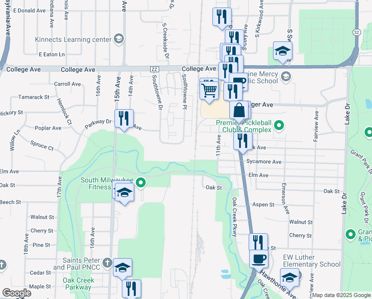 map of restaurants, bars, coffee shops, grocery stores, and more near 1127 Carrington Avenue in South Milwaukee