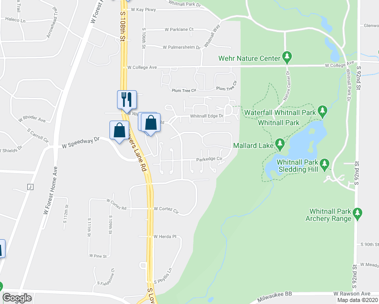 map of restaurants, bars, coffee shops, grocery stores, and more near 10335 West Parkwood Drive in Franklin