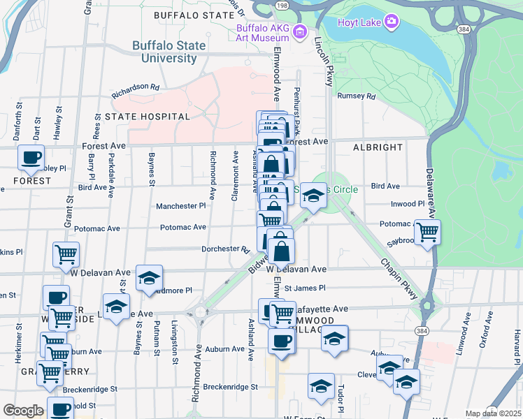 map of restaurants, bars, coffee shops, grocery stores, and more near 731 Ashland Avenue in Buffalo