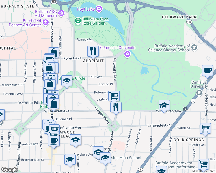 map of restaurants, bars, coffee shops, grocery stores, and more near 75 Inwood Place in Buffalo