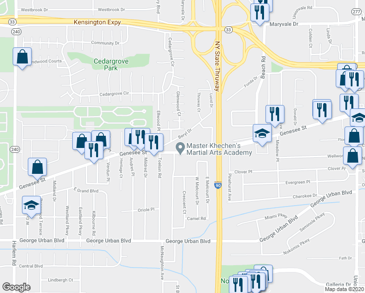 map of restaurants, bars, coffee shops, grocery stores, and more near 3126 Genesee Street in Cheektowaga