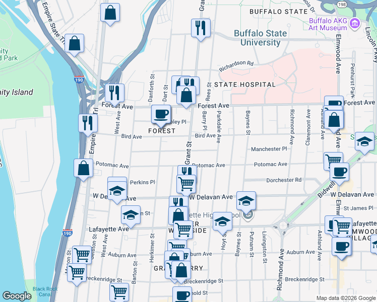 map of restaurants, bars, coffee shops, grocery stores, and more near 405 Grant Street in Buffalo