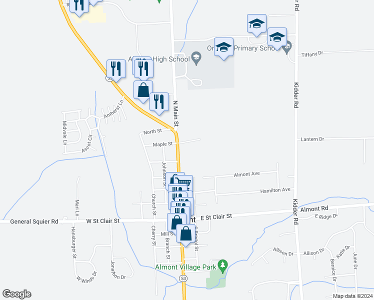 map of restaurants, bars, coffee shops, grocery stores, and more near 580 North Main Street in Almont