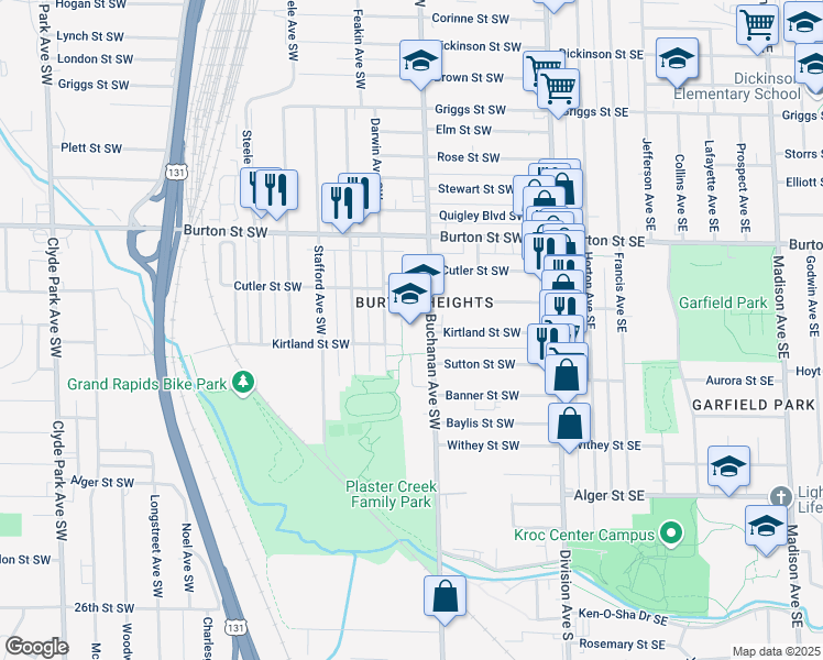 map of restaurants, bars, coffee shops, grocery stores, and more near 2133 Buchanan Avenue Southwest in Grand Rapids