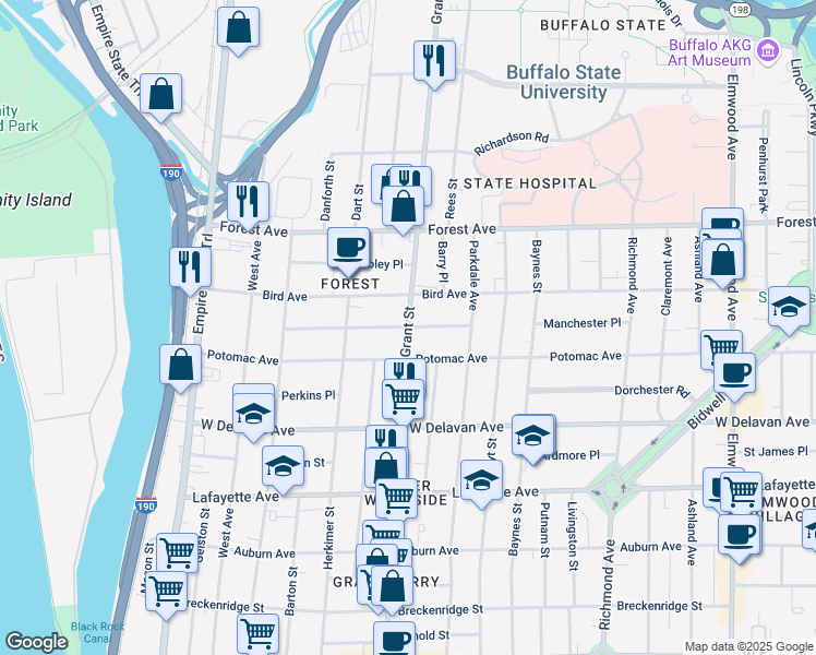 map of restaurants, bars, coffee shops, grocery stores, and more near Grant Street & Garner Avenue in Buffalo