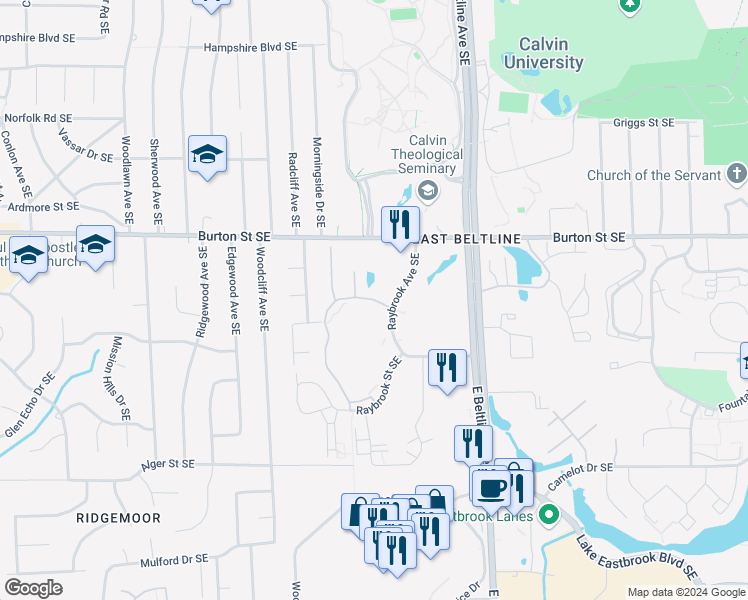 map of restaurants, bars, coffee shops, grocery stores, and more near 2105 Raybrook Street Southeast in Grand Rapids