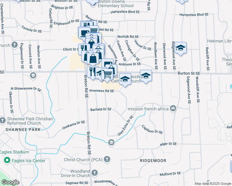 map of restaurants, bars, coffee shops, grocery stores, and more near 2550 Inverness Road Southeast in Grand Rapids