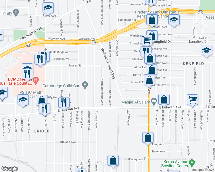 map of restaurants, bars, coffee shops, grocery stores, and more near 389 Northumberland Avenue in Buffalo
