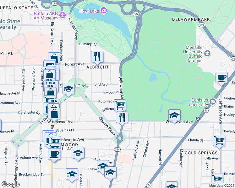 map of restaurants, bars, coffee shops, grocery stores, and more near 82 Inwood Place in Buffalo