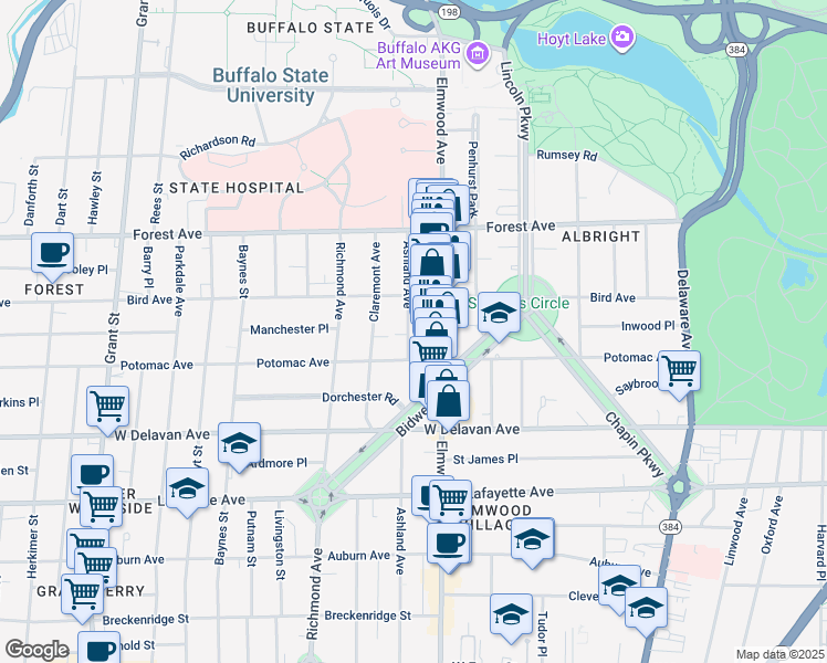 map of restaurants, bars, coffee shops, grocery stores, and more near 1042 Elmwood Avenue in Buffalo