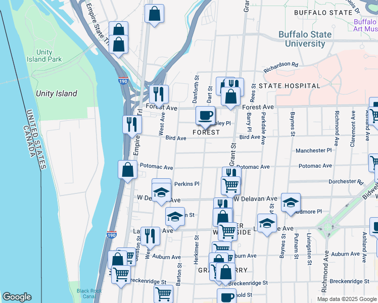 map of restaurants, bars, coffee shops, grocery stores, and more near 135 Bird Avenue in Buffalo