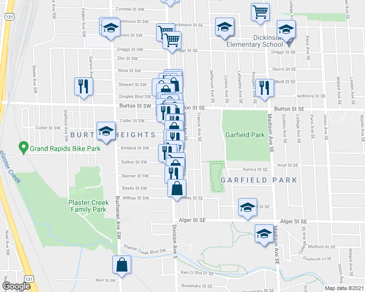map of restaurants, bars, coffee shops, grocery stores, and more near 2100 Horton Avenue Southeast in Grand Rapids
