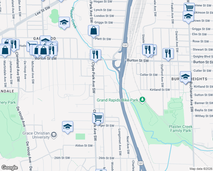map of restaurants, bars, coffee shops, grocery stores, and more near 2120 McKee Avenue Southwest in Grand Rapids