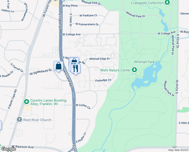 map of restaurants, bars, coffee shops, grocery stores, and more near 10335 West Parkwood Drive in Franklin