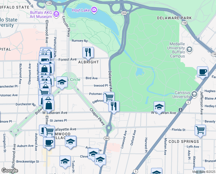 map of restaurants, bars, coffee shops, grocery stores, and more near 82 Inwood Place in Buffalo