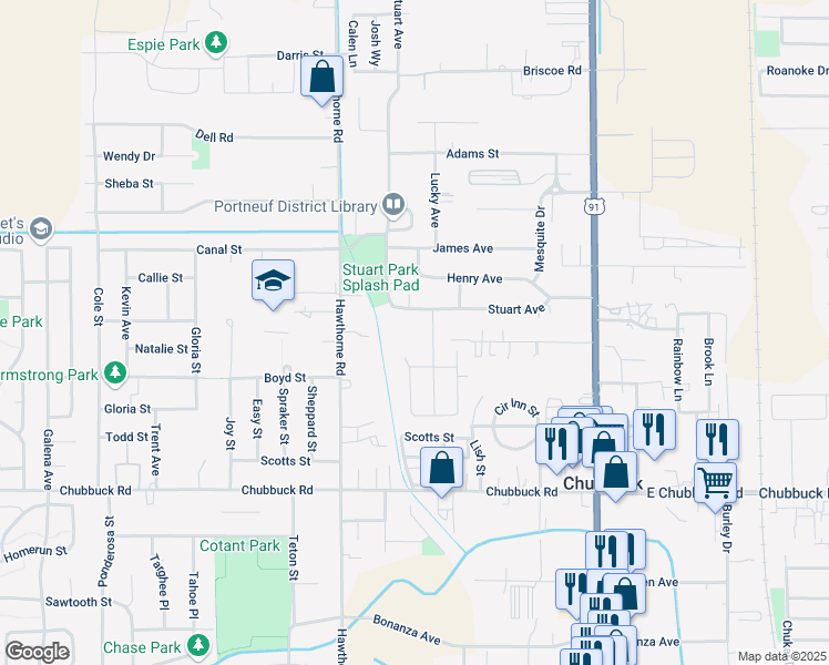 map of restaurants, bars, coffee shops, grocery stores, and more near 5067 Rose Street in Chubbuck