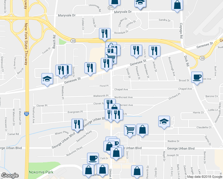 map of restaurants, bars, coffee shops, grocery stores, and more near Union Road & Chapel Avenue in Buffalo