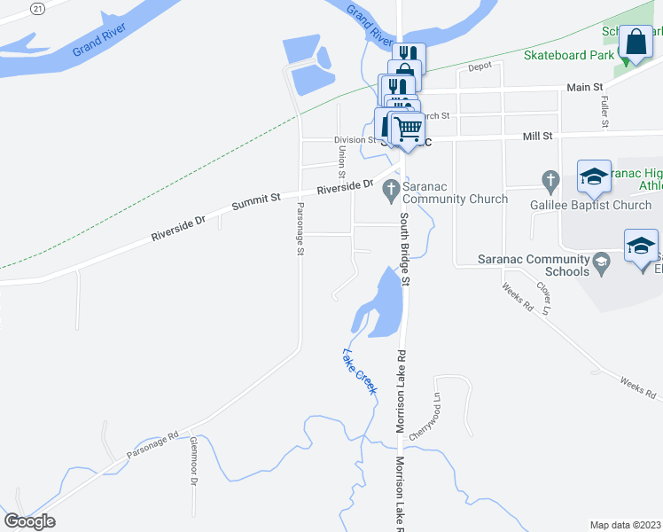 map of restaurants, bars, coffee shops, grocery stores, and more near 225 Parsonage Street in Saranac