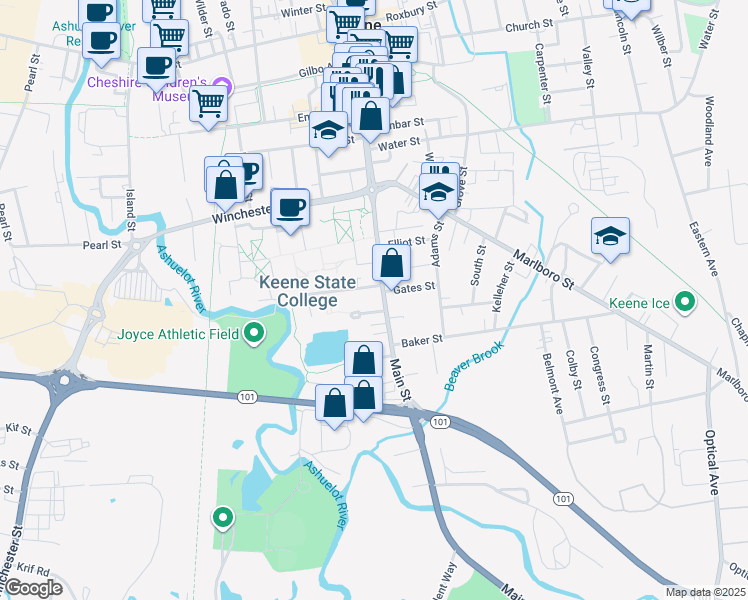 map of restaurants, bars, coffee shops, grocery stores, and more near 339 Main Street in Keene