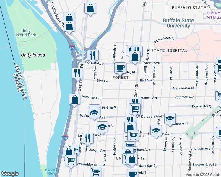 map of restaurants, bars, coffee shops, grocery stores, and more near 135 Bird Avenue in Buffalo