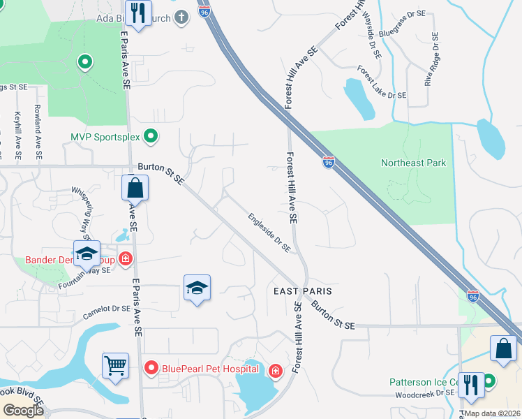 map of restaurants, bars, coffee shops, grocery stores, and more near 2160 Engleside Drive Southeast in Grand Rapids