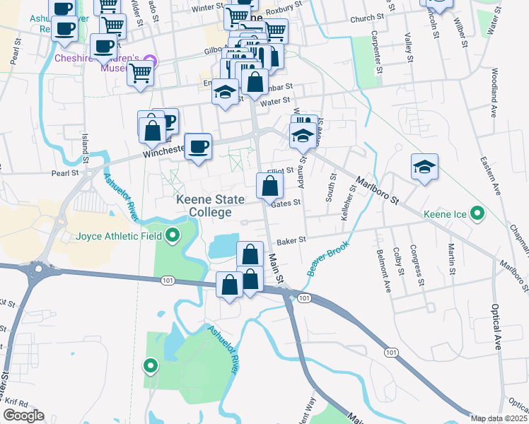map of restaurants, bars, coffee shops, grocery stores, and more near 339 Main Street in Keene