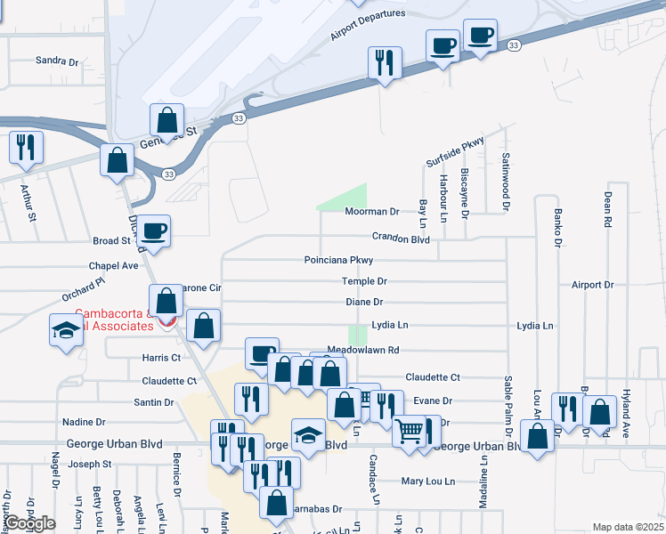 map of restaurants, bars, coffee shops, grocery stores, and more near 105 Poinciana Parkway in Buffalo