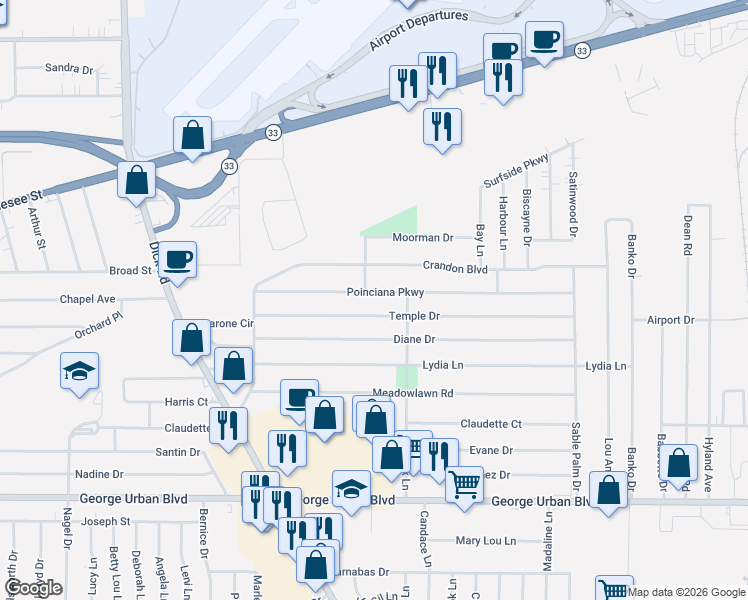 map of restaurants, bars, coffee shops, grocery stores, and more near 94 Poinciana Parkway in Buffalo