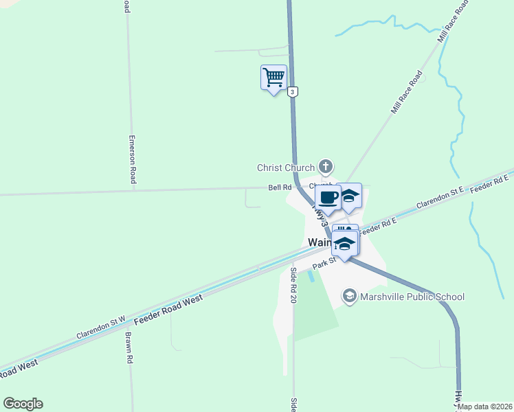 map of restaurants, bars, coffee shops, grocery stores, and more near 32025 Bell Road in Wainfleet