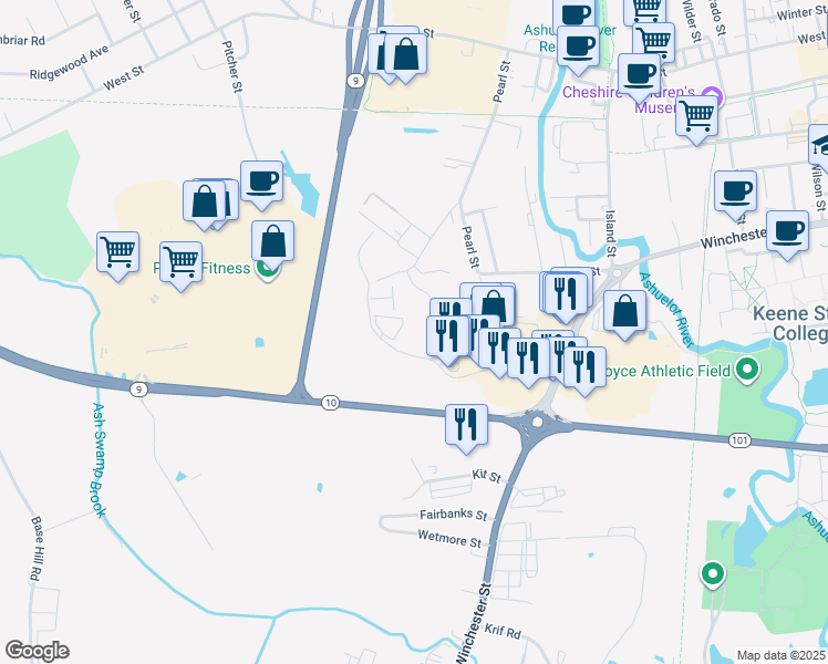 map of restaurants, bars, coffee shops, grocery stores, and more near 133 Key Road in Keene