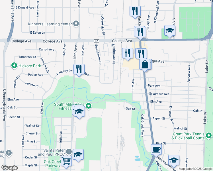 map of restaurants, bars, coffee shops, grocery stores, and more near 555 Southtowne Pl in South Milwaukee
