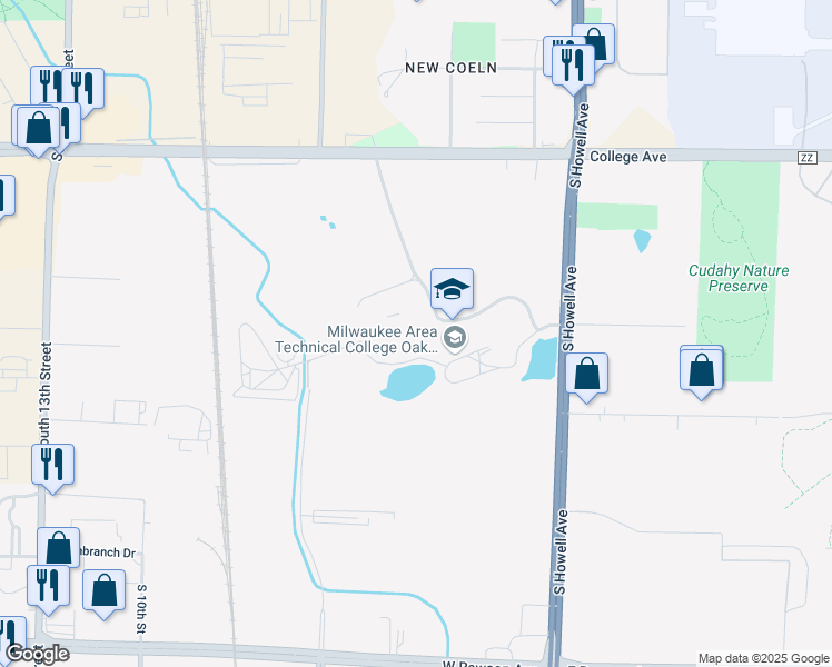 map of restaurants, bars, coffee shops, grocery stores, and more near 6665 South Howell Avenue in Oak Creek