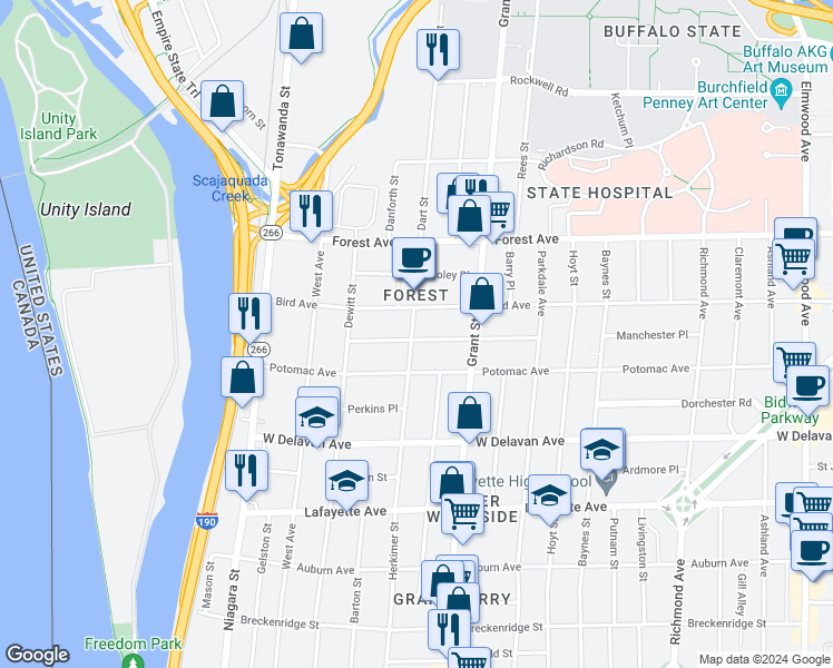 map of restaurants, bars, coffee shops, grocery stores, and more near 449 Herkimer Street in Buffalo
