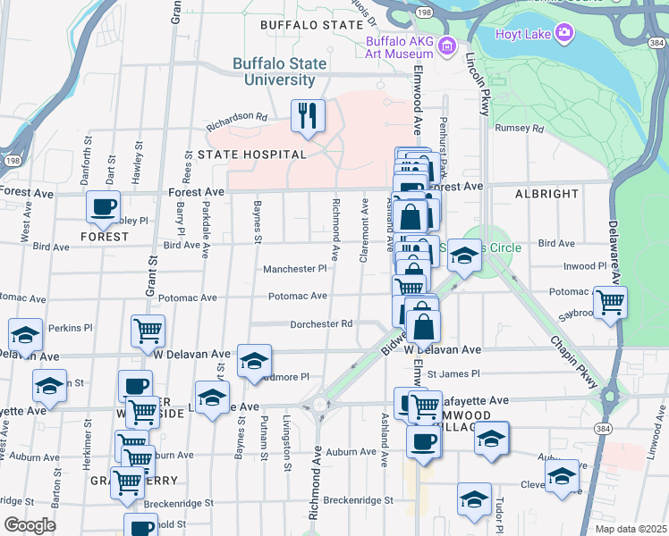map of restaurants, bars, coffee shops, grocery stores, and more near Richmond Avenue & Manchester Place in Buffalo