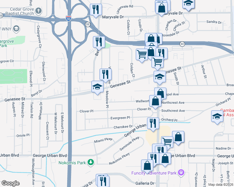 map of restaurants, bars, coffee shops, grocery stores, and more near 3357 Genesee Street in Buffalo