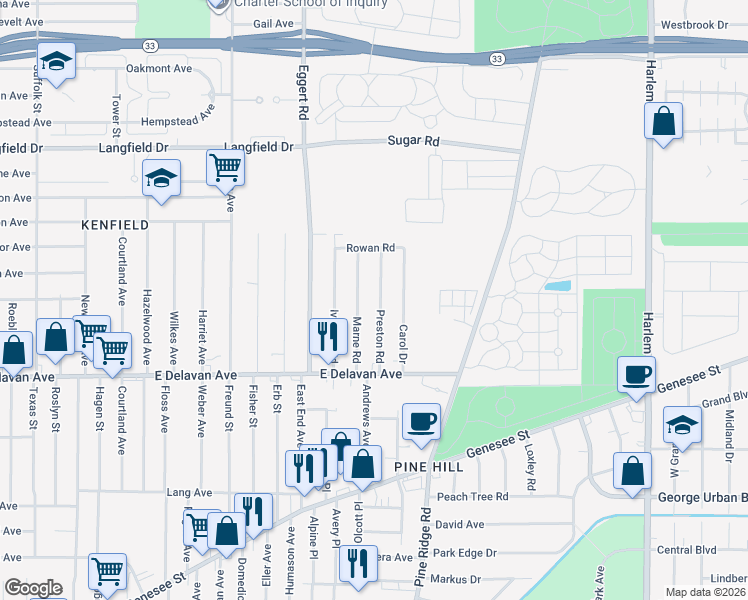 map of restaurants, bars, coffee shops, grocery stores, and more near 57 Marne Road in Cheektowaga