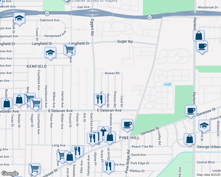 map of restaurants, bars, coffee shops, grocery stores, and more near 57 Marne Road in Cheektowaga