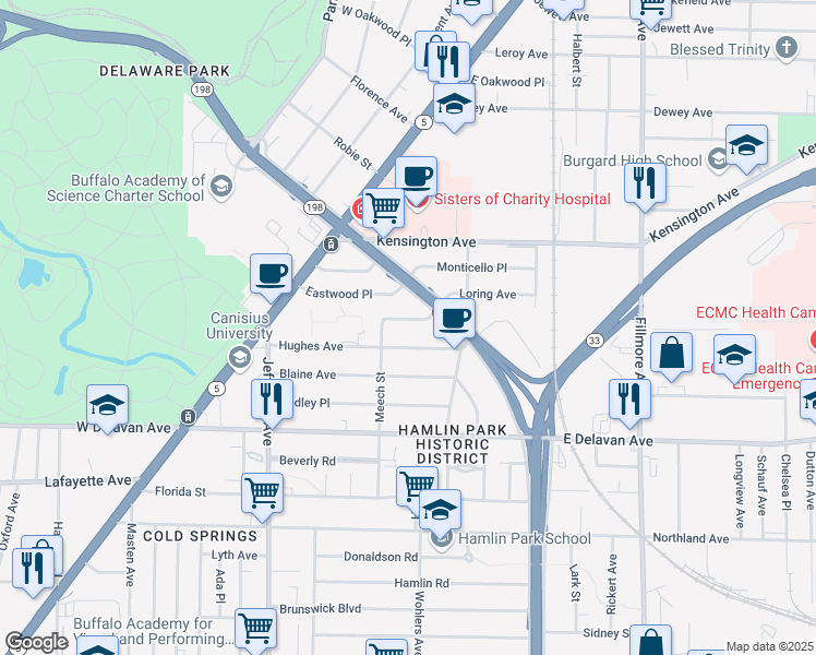 map of restaurants, bars, coffee shops, grocery stores, and more near 126 Loring Avenue in Buffalo