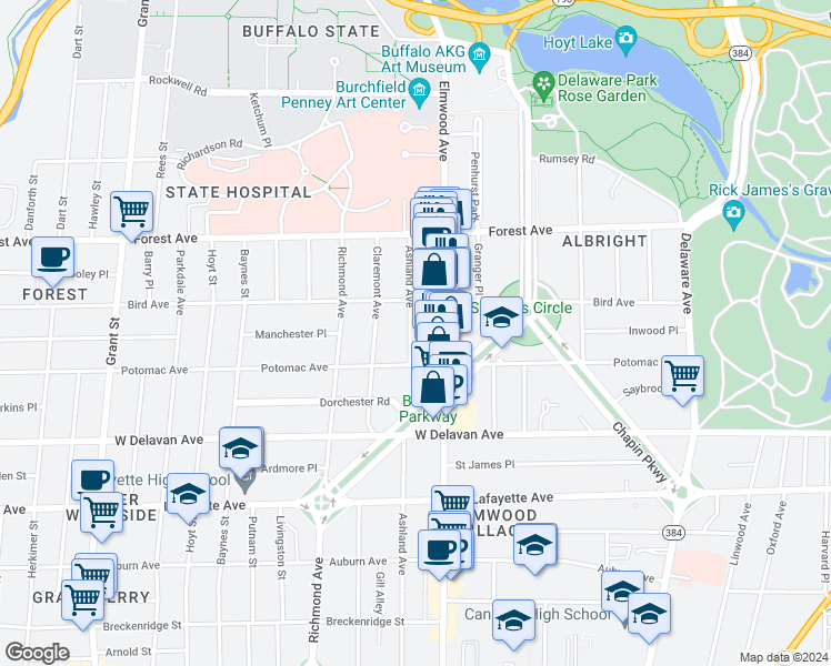 map of restaurants, bars, coffee shops, grocery stores, and more near 1042 Elmwood Avenue in Buffalo