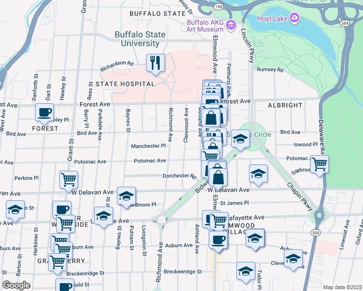 map of restaurants, bars, coffee shops, grocery stores, and more near 811 Richmond Avenue in Buffalo