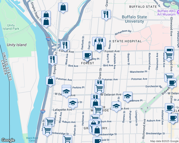 map of restaurants, bars, coffee shops, grocery stores, and more near 211 Bird Avenue in Buffalo
