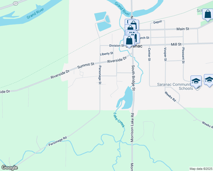 map of restaurants, bars, coffee shops, grocery stores, and more near 225 Parsonage Street in Saranac