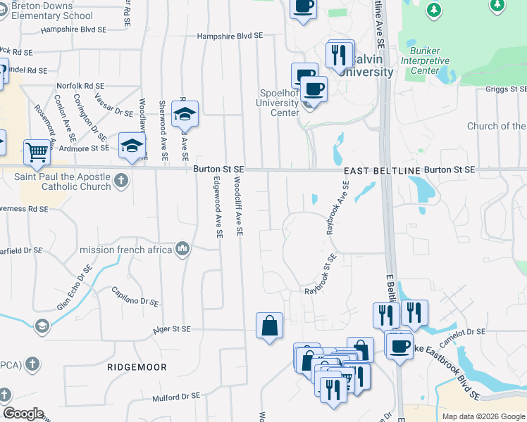 map of restaurants, bars, coffee shops, grocery stores, and more near 2052 Radcliff Avenue Southeast in Grand Rapids