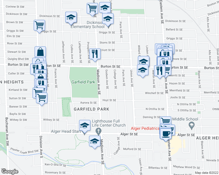 map of restaurants, bars, coffee shops, grocery stores, and more near 2106 Godwin Avenue Southeast in Grand Rapids