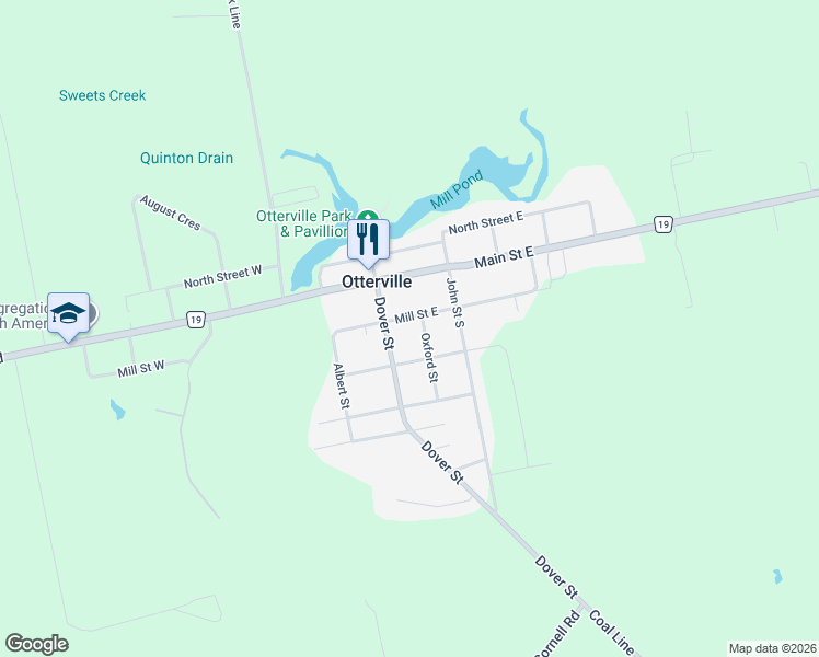 map of restaurants, bars, coffee shops, grocery stores, and more near 6 Mill Street East in Otterville