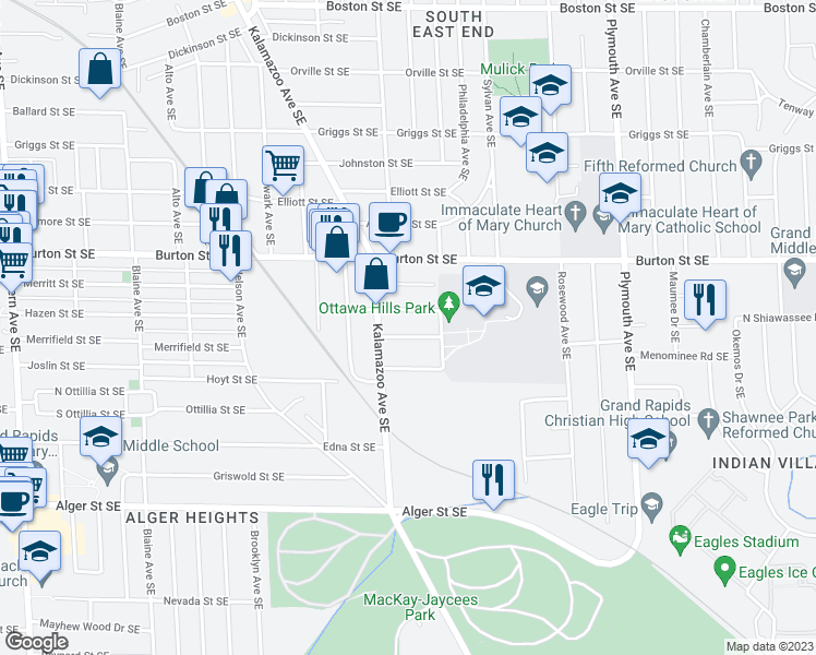 map of restaurants, bars, coffee shops, grocery stores, and more near 1429 Louise Street Southeast in Grand Rapids