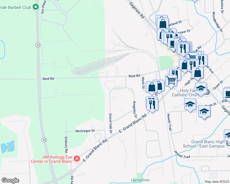 map of restaurants, bars, coffee shops, grocery stores, and more near 11315 Grand Oak Drive in Grand Blanc